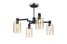 Erdi Swing Arm Semi Ceiling, 4 Light E14, Satin Nickel/Satin Black/Amber Uniform Dimple Cylinder Glass