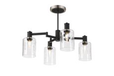 Erdi Swing Arm Semi Ceiling, 4 Light E14, Satin Nickel/Satin Black/Clear Uniform Dimple Cylinder Glass