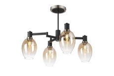 Erdi Swing Arm Semi Ceiling, 4 Light E14, Satin Nickel/Satin Black/Amber Fade Wine Glass Glass
