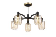 Erdi 69cm Swing Arm Semi Ceiling, 5 Light E14, Brass/Satin Black/Amber Striped Cylinder Glass