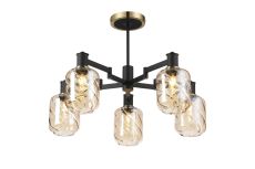 Erdi 69cm Swing Arm Semi Ceiling, 5 Light E14, Brass/Satin Black/Amber Twisted Cylinder Glass