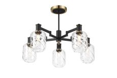 Erdi 69cm Swing Arm Semi Ceiling, 5 Light E14, Brass/Satin Black/Clear Twisted Cylinder Glass