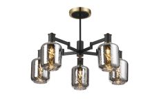 Erdi 69cm Swing Arm Semi Ceiling, 5 Light E14, Brass/Satin Black/Smoke Twisted Cylinder Glass