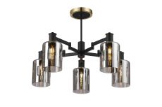 Erdi 68cm Swing Arm Semi Ceiling, 5 Light E14, Brass/Satin Black/Smoke Uniform Dimple Cylinder Glass