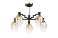 Erdi 70cm Swing Arm Semi Ceiling, 5 Light E14, Brass/Satin Black/Amber Fade Wine Glass Glass