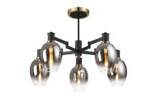 Erdi 70cm Swing Arm Semi Ceiling, 5 Light E14, Brass/Satin Black/Smoke Fade Wine Glass Glass