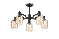 Erdi 69cm Swing Arm Semi Ceiling, 5 Light E14, Satin Nickel/Satin Black/Amber Twisted Cylinder Glass