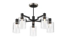 Erdi 68cm Swing Arm Semi Ceiling, 5 Light E14, Satin Nickel/Satin Black/Clear Uniform Dimple Cylinder Glass