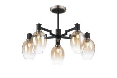 Erdi 70cm Swing Arm Semi Ceiling, 5 Light E14, Satin Nickel/Satin Black/Amber Fade Wine Glass Glass