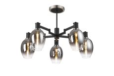 Erdi 70cm Swing Arm Semi Ceiling, 5 Light E14, Satin Nickel/Satin Black/Smoke Fade Wine Glass Glass