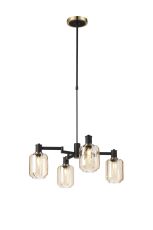 Erdi Swing Arm Telescopic Pendant, 4 Light E14, Brass/Satin Black/Amber Striped Cylinder Glass