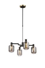Erdi Swing Arm Telescopic Pendant, 4 Light E14, Brass/Satin Black/Smoke Striped Cylinder Glass