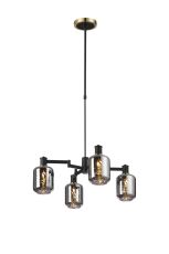 Erdi Swing Arm Telescopic Pendant, 4 Light E14, Brass/Satin Black/Smoke Twisted Cylinder Glass