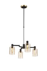 Erdi Swing Arm Telescopic Pendant, 4 Light E14, Brass/Satin Black/Amber Uniform Dimple Cylinder Glass