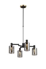 Erdi Swing Arm Telescopic Pendant, 4 Light E14, Brass/Satin Black/Smoke Uniform Dimple Cylinder Glass