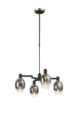 Erdi Swing Arm Telescopic Pendant, 4 Light E14, Brass/Satin Black/Smoke Fade Wine Glass Glass