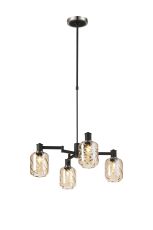 Erdi Swing Arm Telescopic Pendant, 4 Light E14, Satin Nickel/Satin Black/Amber Twisted Cylinder Glass