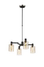 Erdi Swing Arm Telescopic Pendant, 4 Light E14, Satin Nickel/Satin Black/Amber Uniform Dimple Cylinder Glass