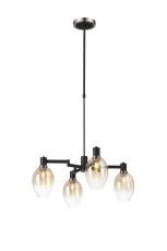 Erdi Swing Arm Telescopic Pendant, 4 Light E14, Satin Nickel/Satin Black/Amber Fade Wine Glass Glass