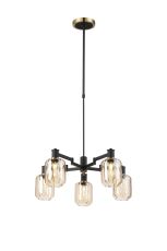 Erdi Swing Arm Telescopic Pendant, 5 Light E14, Brass/Satin Black/Amber Striped Cylinder Glass