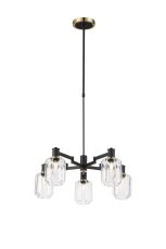 Erdi Swing Arm Telescopic Pendant, 5 Light E14, Brass/Satin Black/Clear Striped Cylinder Glass
