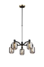 Erdi Swing Arm Telescopic Pendant, 5 Light E14, Brass/Satin Black/Smoke Striped Cylinder Glass