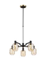 Erdi Swing Arm Telescopic Pendant, 5 Light E14, Brass/Satin Black/Amber Twisted Cylinder Glass