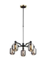 Erdi Swing Arm Telescopic Pendant, 5 Light E14, Brass/Satin Black/Smoke Twisted Cylinder Glass