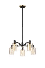 Erdi Swing Arm Telescopic Pendant, 5 Light E14, Brass/Satin Black/Amber Uniform Dimple Cylinder Glass