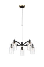 Erdi Swing Arm Telescopic Pendant, 5 Light E14, Brass/Satin Black/Clear Uniform Dimple Cylinder Glass