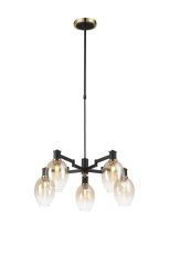 Erdi Swing Arm Telescopic Pendant, 5 Light E14, Brass/Satin Black/Amber Fade Wine Glass Glass
