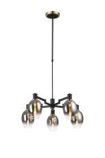Erdi Swing Arm Telescopic Pendant, 5 Light E14, Brass/Satin Black/Smoke Fade Wine Glass Glass