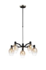 Erdi Swing Arm Telescopic Pendant, 5 Light E14, Satin Nickel/Satin Black/Amber Fade Wine Glass Glass