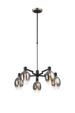 Erdi Swing Arm Telescopic Pendant, 5 Light E14, Satin Nickel/Satin Black/Smoke Fade Wine Glass Glass