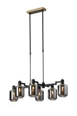 Erdi Swing Arm Telescopic Linear Pendant, 6 Light E14, Brass/Satin Black/Smoke Twisted Cylinder Glass