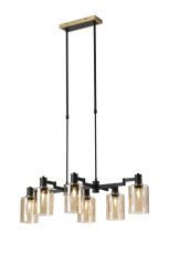 Erdi Swing Arm Telescopic Linear Pendant, 6 Light E14, Brass/Satin Black/Amber Uniform Dimple Cylinder Glass