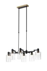 Erdi Swing Arm Telescopic Linear Pendant, 6 Light E14, Brass/Satin Black/Clear Uniform Dimple Cylinder Glass
