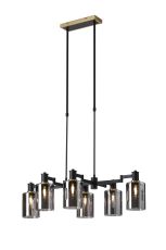 Erdi Swing Arm Telescopic Linear Pendant, 6 Light E14, Brass/Satin Black/Smoke Uniform Dimple Cylinder Glass