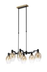 Erdi Swing Arm Telescopic Linear Pendant, 6 Light E14, Brass/Satin Black/Amber Fade Wine Glass Glass