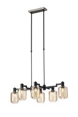 Erdi Swing Arm Telescopic Linear Pendant, 6 Light E14, Satin Nickel/Satin Black/Amber Striped Cylinder Glass