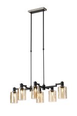 Erdi Swing Arm Telescopic Linear Pendant, 6 Light E14, Satin Nickel/Satin Black/Amber Uniform Dimple Cylinder Glass