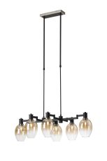 Erdi Swing Arm Telescopic Linear Pendant, 6 Light E14, Satin Nickel/Satin Black/Amber Fade Wine Glass Glass