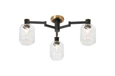 Erdi 60cm Swing Arm Flush Ceiling, 3 Light E14, Brass/Satin Black/Clear Twisted Cylinder Glass