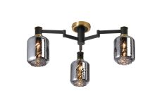 Erdi 60cm Swing Arm Flush Ceiling, 3 Light E14, Brass/Satin Black/Smoke Twisted Cylinder Glass