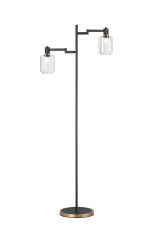 Erdi Swing Arm Floor Lamp 2 Light E14, Brass/Satin Black/Clear Striped Cylinder Glass