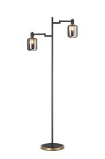 Erdi Swing Arm Floor Lamp 2 Light E14, Brass/Satin Black/Smoke Striped Cylinder Glass