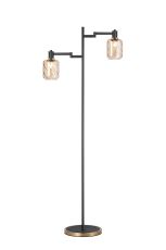 Erdi Swing Arm Floor Lamp 2 Light E14, Brass/Satin Black/Amber Twisted Cylinder Glass