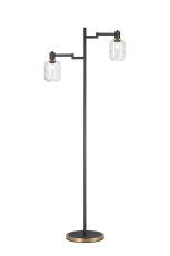 Erdi Swing Arm Floor Lamp 2 Light E14, Brass/Satin Black/Clear Twisted Cylinder Glass