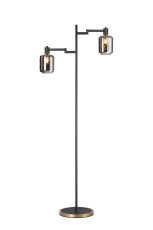 Erdi Swing Arm Floor Lamp 2 Light E14, Brass/Satin Black/Smoke Twisted Cylinder Glass