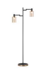 Erdi Swing Arm Floor Lamp 2 Light E14, Brass/Satin Black/Amber Uniform Dimple Cylinder Glass